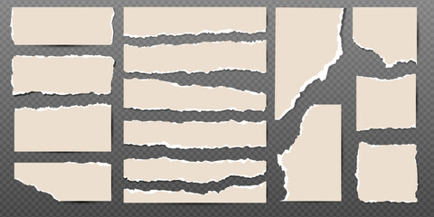 Set of old torn notebook paper pieces. Ripped paper strips. Realistic notepad sheets, scraps of notebook page, with torn edges. Vector design template.