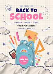 Back to School banner with typography and school supplies elements. Vector design template for poster, card, sale, party invitation, flyer.