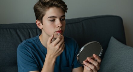 Teenager applying lip balm with a handheld mirror on a couch
