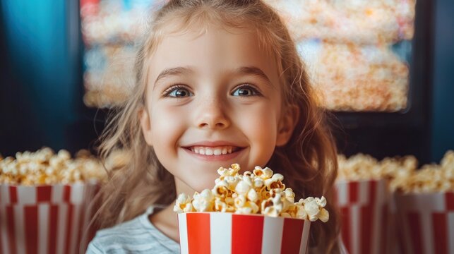 A young girl with long hair holding a bucket of popcorn in front of a TV screen.