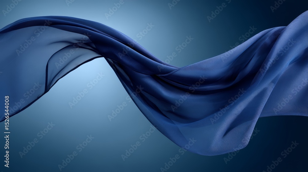 Poster Elegant flowing sheer silk fabric in midair against deep navy background with delicate textures and soft movement, capturing ethereal grace and dynamic energy, with ample copy space on left side