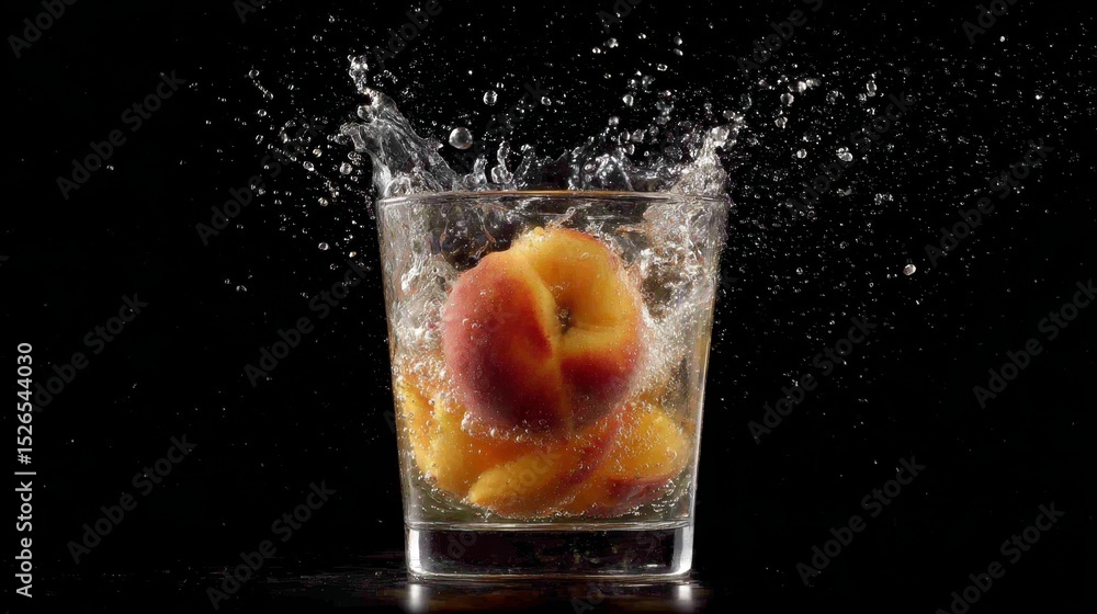 Poster dynamic shot of a ripe peach plunging into a glass of water creating vibrant splashes and bubbles, c