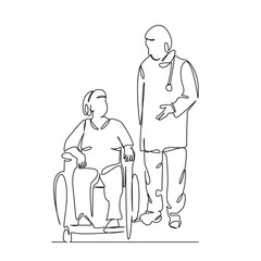 One continuous single drawing line art flat doodle wheelchair, person, doctor, hospital, patient, disability, care, nurse, recovery. Isolated image hand draw contour on a white background, hand drawn,