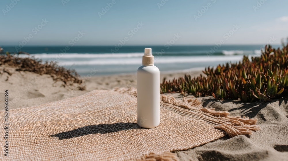 Aufkleber serene beach scene featuring a blank lotion bottle on a woven mat with ocean waves and succulents in