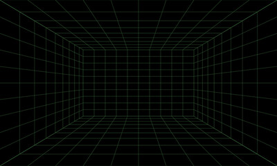 3d wireframe grid room. 3d perspective laser grid 16 9.. Cyberspace black background with green mesh. Futuristic digital hallway space in virtual reality. Vector illustration.