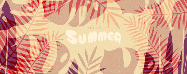 Summer horizontal abstract background with tropical leaves. Modern art design template for celebration, ads, branding, banner, cover, label, poster, sale. Vector creative concept