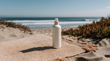 Serene beach scene featuring a blank lotion bottle on a woven mat with ocean waves and succulents in the background, evoking a calming summer vibe with natural textures and soft sunlight