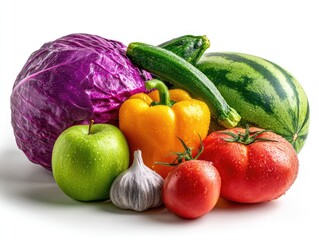 Fresh, vibrant selection of colorful fruits and vegetables.  A mix of crisp, juicy produce