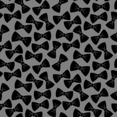 Seamless pattern of black bow ties on a gray background. Elegant and simple design, ideal for fashion, packaging, and decoration themes