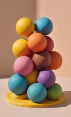 Vertical Pile of Abstract colorful Spheres on Beige Tones, Summer Light