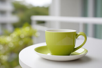 minimalist balcony picnic scene featuring simple table adorned with single bright cup filled with drink