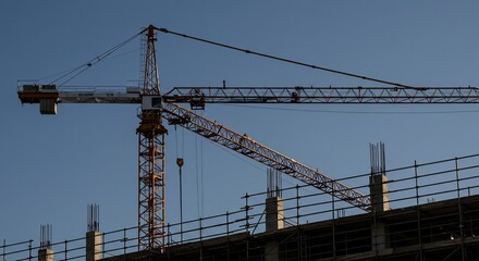 Tower crane against a clear blue sky at a construction site with scaffolding