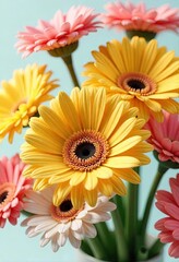 vibrant yellow, pink & white gerbera daisies bouquet on festive background &ndash; fresh floral background