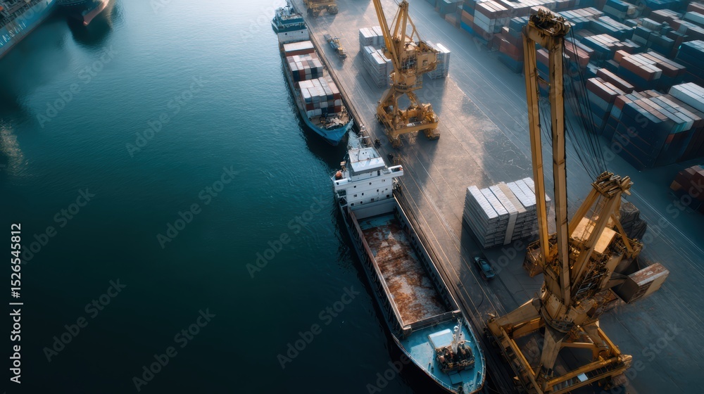 Poster automated cranes operate at busy port, unloading cargo ships filled with containers. scene captures 