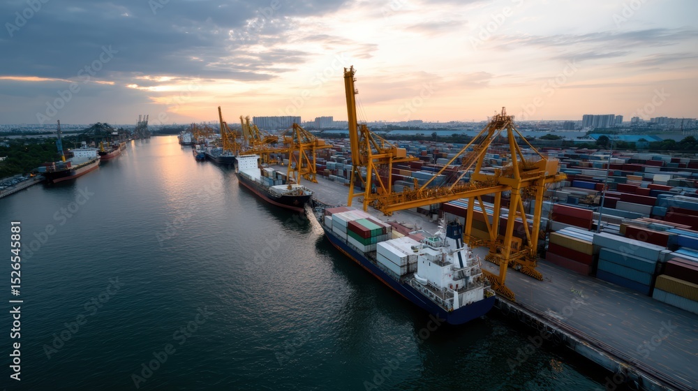 Poster bustling port scene featuring automated cranes and cargo ships, showcasing vibrant containers stacke