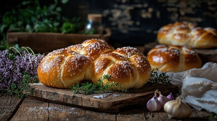 A rustic wooden table with a variety of breads and herbs, including garlic and thyme, arranged in a cozy, inviting setting.