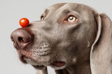 Elegant Weimaraner dog with broccoli on head, minimalist studio portrait with soft lighting.