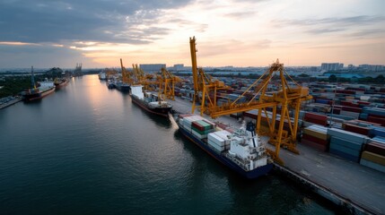 Naklejka premium Bustling port scene featuring automated cranes and cargo ships, showcasing vibrant containers stacked along waterfront. sunset casts warm glow over industrial landscape, creating serene yet