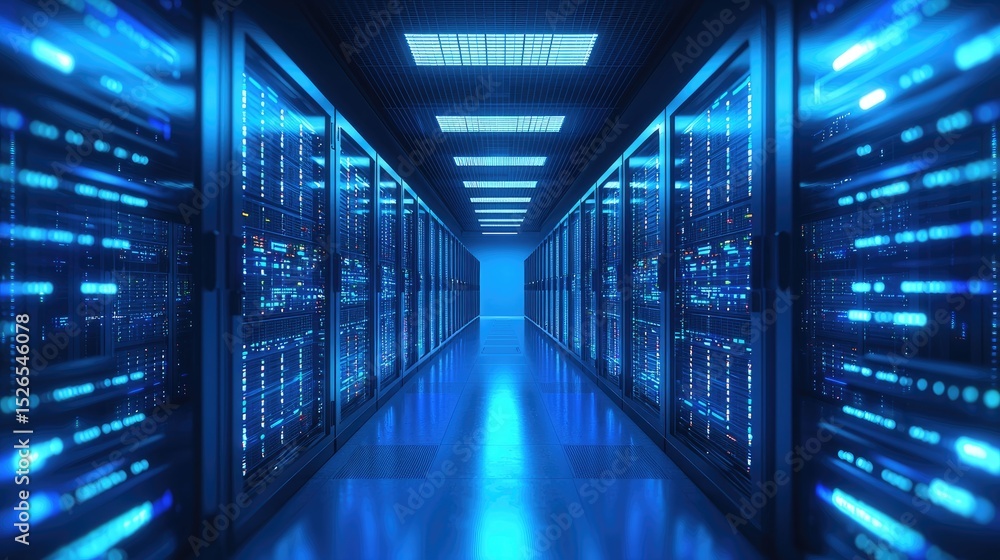 Poster Futuristic server room with glowing blue lights and data racks in perspective view, ideal for illustrating cloud computing, cybersecurity, data center infrastructure, and IT network management concept