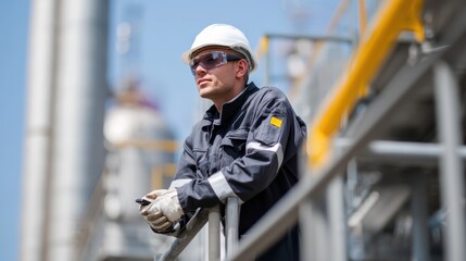 Worker chemical plant is monitoring safety systems while wearing protective gear, including hard hat and safety glasses. scene conveys sense of vigilance and professionalism industrial environment