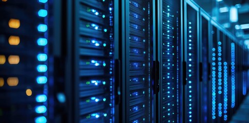 Naklejka premium Close-up perspective of modern server racks with glowing blue lights in a data center, ideal for representing cloud computing, IT security, digital infrastructure, and network operations