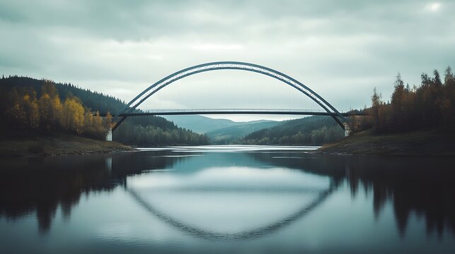 Scenic bridge over calm water with forest and mountain views for travel and landscape photography lovers - Powered by Adobe