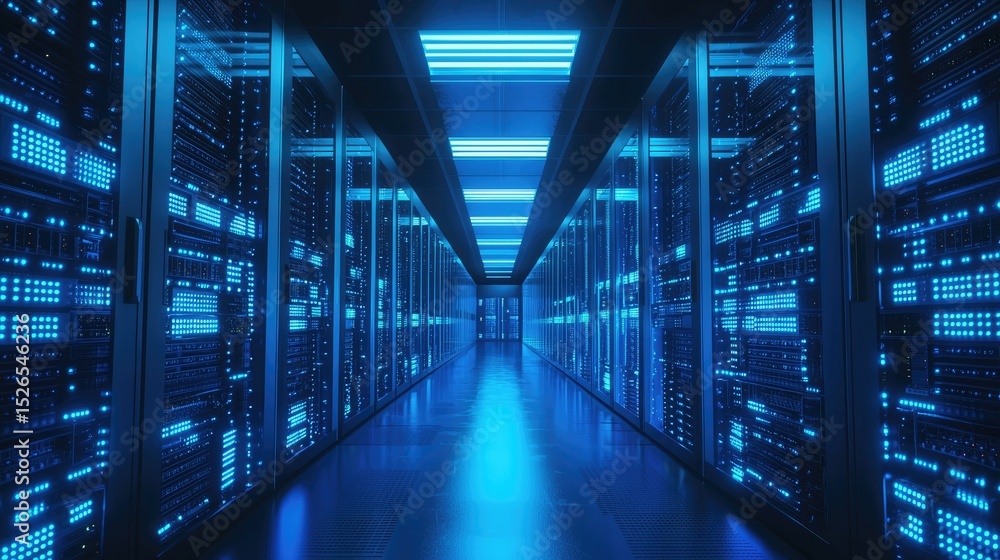 Poster High tech blue-lit server corridor with glowing panels and symmetrical racks, perfect for illustrating cloud systems, IT infrastructure, cybersecurity, data storage, and futuristic networking solution