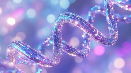 Shimmering dna helix in focus with futuristic sparkling effects and background bokeh in soft purple, blue, and pink tones. Robotics and automation