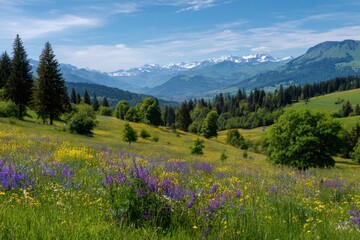 Green Hillside Meets the Forest and Mountains in Summer