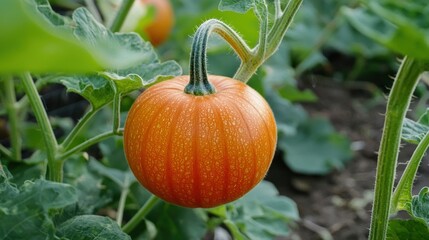 Obraz premium A small, round, orange pumpkin with green leaves on a plant in a garden setting.