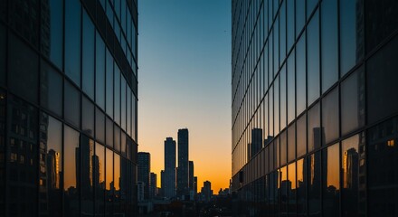 Urban Sunset: Skyscrapers Reflected in Glass Facades at Twilight