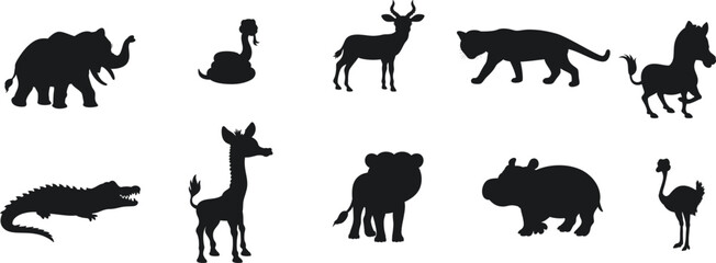 African Animal Silhouettes,  set of black silhouettes wild animals, vector illustration