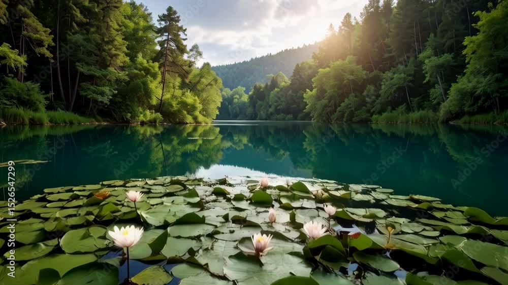 Poster serene lake surface covered with floating lily pads and blossoms in a sunlit forest setting, creatin