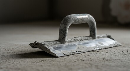 Used plastering trowel covered in dried cement on a concrete floor
