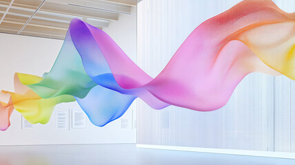 Colorful flowing fabric art installation in modern gallery space showcasing vibrant spectrum waves against a minimalist white wall. Robotics and automation