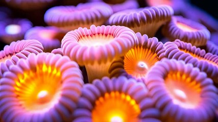Close-up on a vibrant cluster of Zoanthid corals displaying vivid purple tentacles and bright orange centers in an aquarium