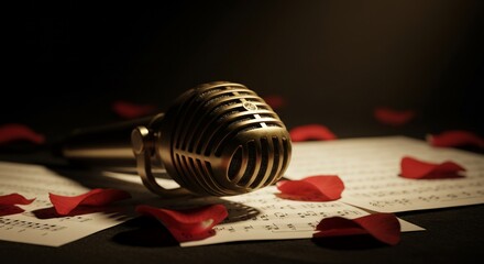 Vintage Microphone on Sheet Music with Scattered Red Rose Petals in Dramatic Lighting