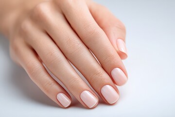 Well-groomed female hand with light nude manicure on clean background