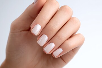 Close-up of clean natural nails on female hand, soft light background