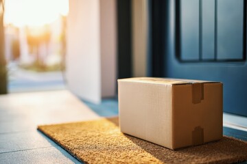 Package delivered to doorstep at sunrise, concept of contactless delivery and online shopping