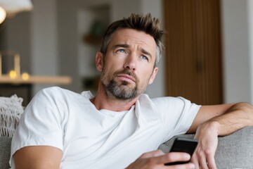 Pensive man sitting on sofa with smartphone, thinking or waiting, casual home interior