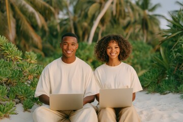 Couple working remotely on laptops at tropical beach, dressed in white tees and beige pants