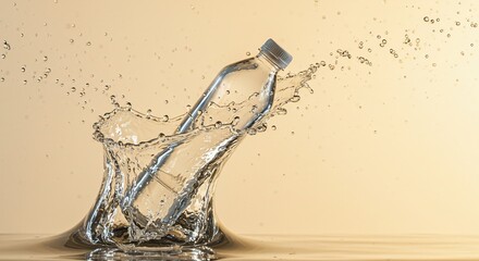 Water bottle plunges into liquid, creating a dynamic splash against a soft beige backdrop