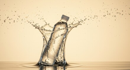 Water bottle plunges into water, creating a dynamic splash against a soft background.