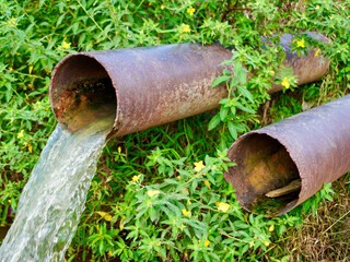 A weathered steel pipes, covered in rust, channels a steady stream of water for irrigation of rice...