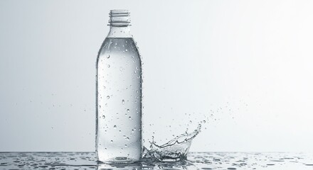 Water bottle with condensation and a splash on a reflective surface
