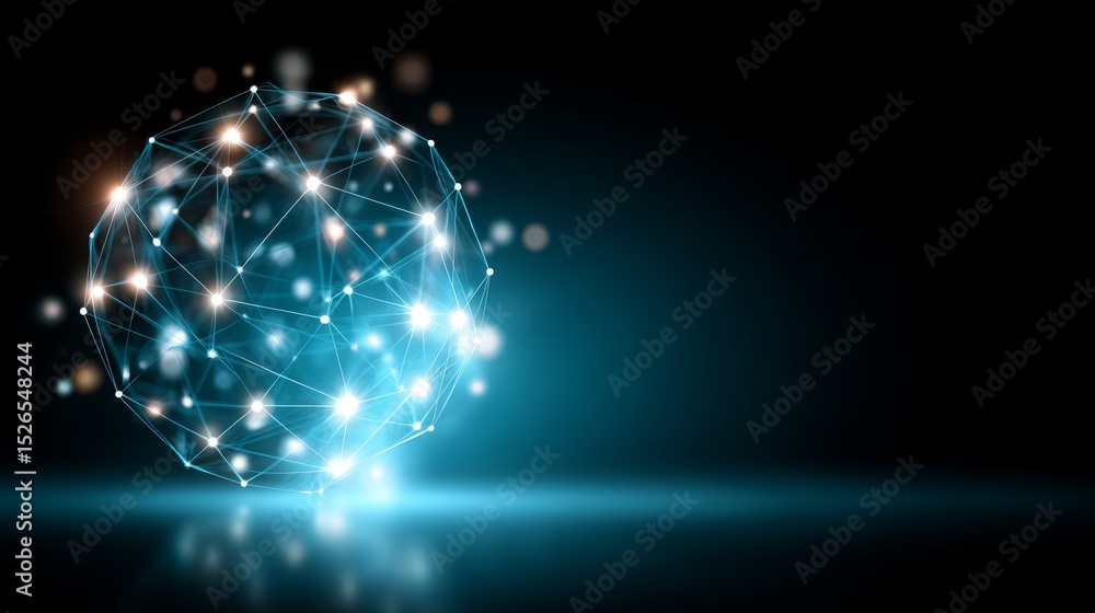 Poster Futuristic glowing data sphere with interconnected nodes and lines against dark tech background showcasing cloud technology innovation