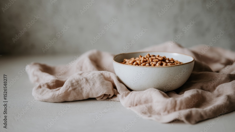 Poster whole pecans in a ceramic bowl on textured linen cloth under soft natural light creating a rustic, n