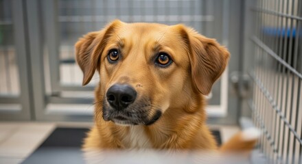 A close-up of a golden retriever mix dog with expressive eyes, looking curiously from behind a kennel gate in an animal shelter.