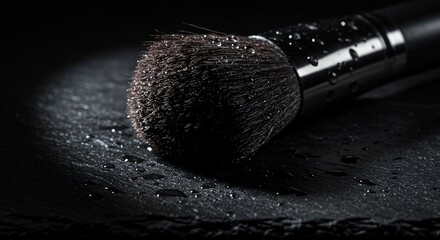 Wet Makeup Brush on Dark Surface with Water Droplets in Dramatic Lighting